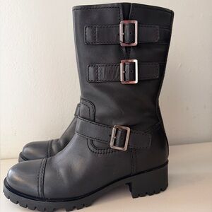 Prada Black Leather Moto Boots with Buckles